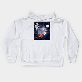 Illustration of a happy space explorer astronaut boy against a starry sky Kids Hoodie